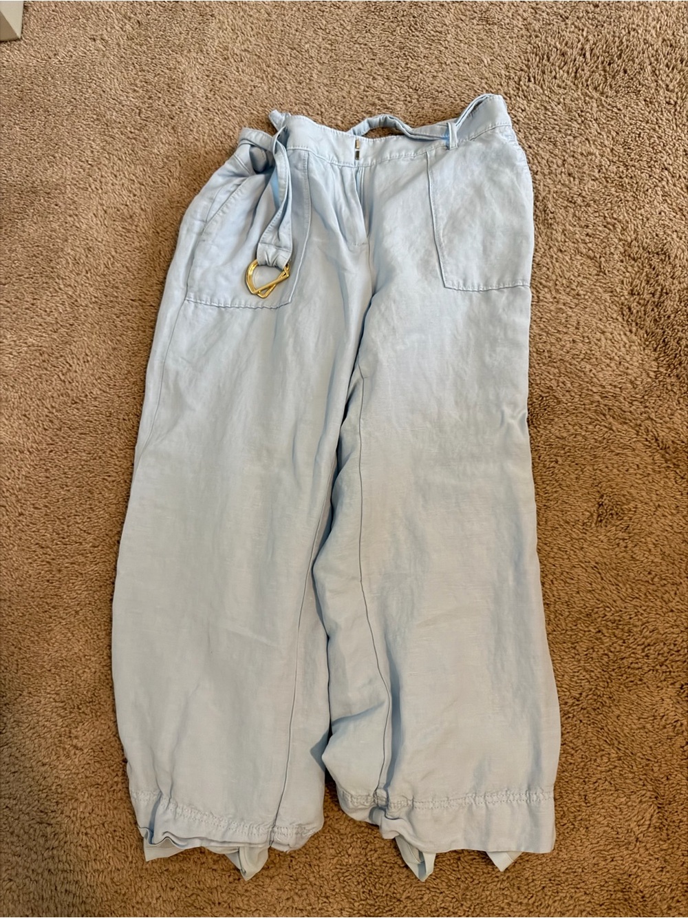 Light Blue Wide-Leg Linen Blend Pants with Belt